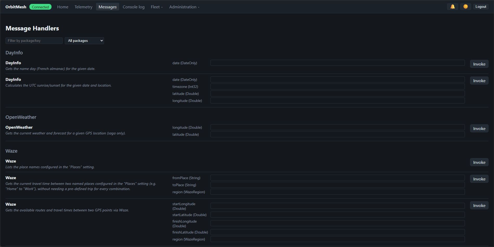 Messages page listing registered handlers with generated parameter forms