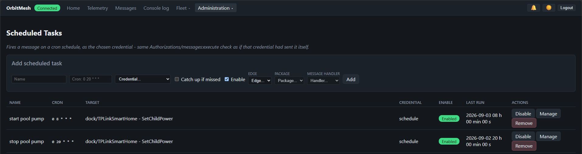 Scheduled Tasks page - add form plus a table of configured tasks with cron, target and last run