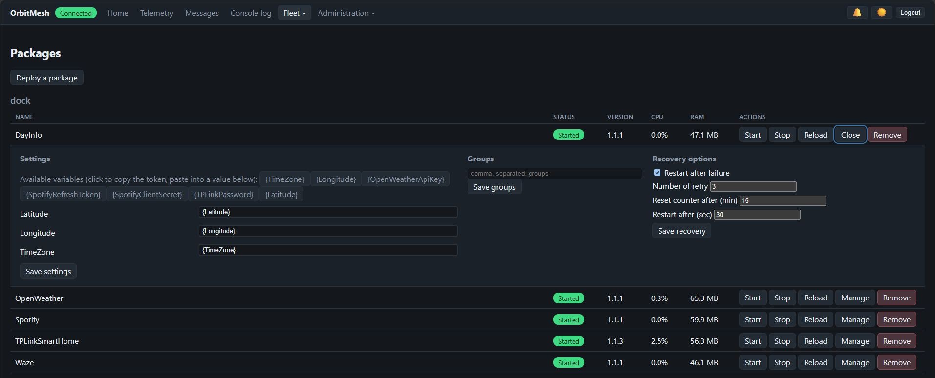 Package Settings panel showing available Variable tokens above the setting fields